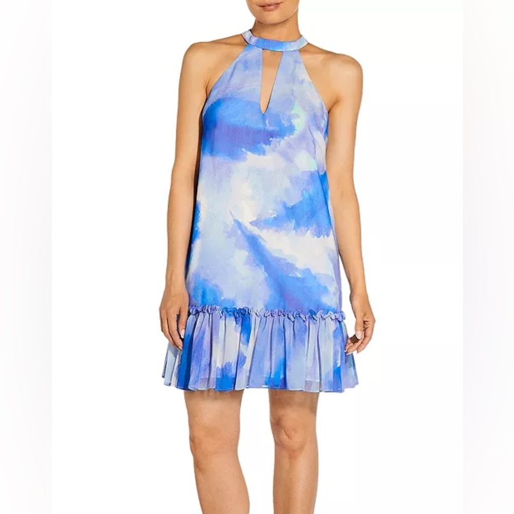 Aidan by Aidan Mattox Mock Neck Printed Shift Ruffle Dress
